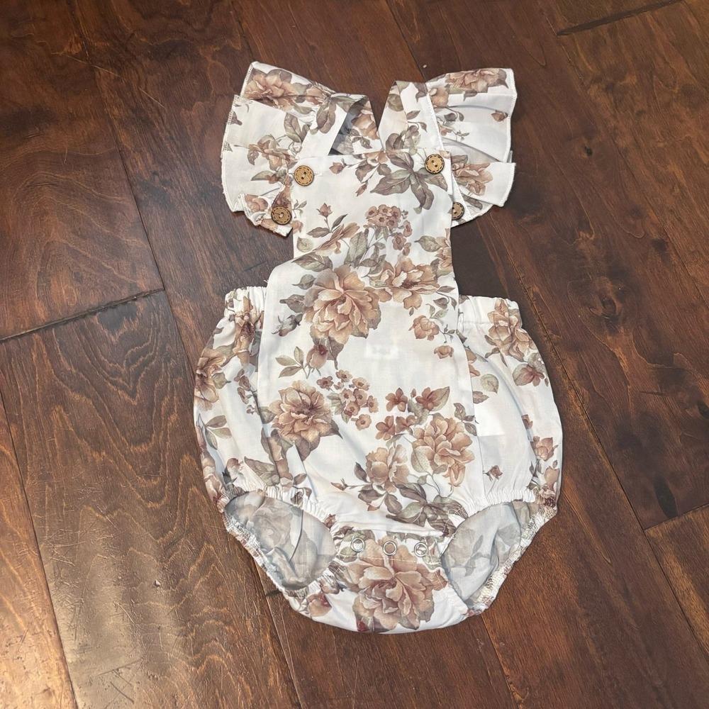 PatPat Girls 3-6 Months Summer Bubble‎ Romper Brown Floral Outfit Sleeveless